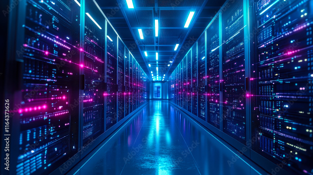 Modern Compliance-Ready Data Center with Servers and Cybersecurity, Adhering to GDPR and HIPAA Standards, Blue Lights Highlighting Technological Sophistication for Secure and Regulated Data Management Modern Compliance-Ready Data Center with Servers and Cybersecurity, Adhering to GDPR and HIPAA Standards, Blue Lights Highlighting Technological Sophistication for Secure and Regulated Data Management