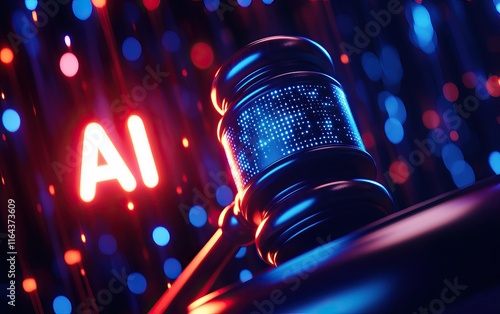 A gavel illuminated in neon lights with the letters 