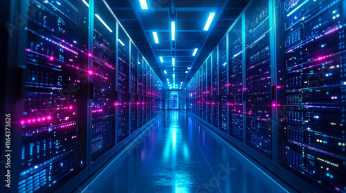 Wallpaper Mural Modern Compliance-Ready Data Center with Servers and Cybersecurity, Adhering to GDPR and HIPAA Standards, Blue Lights Highlighting Technological Sophistication for Secure and Regulated Data Management Torontodigital.ca