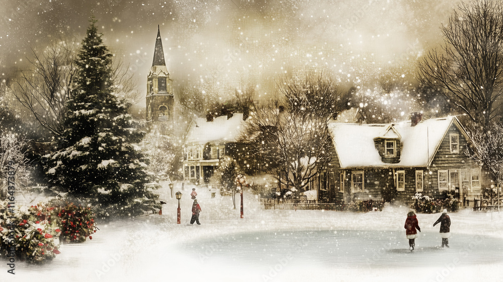 Ice rinks enclosed by softly glowing trees and snowed townscapes, Winter Small Town, Illustration Ice rinks enclosed by softly glowing trees and snowed townscapes, Winter Small Town, Illustration