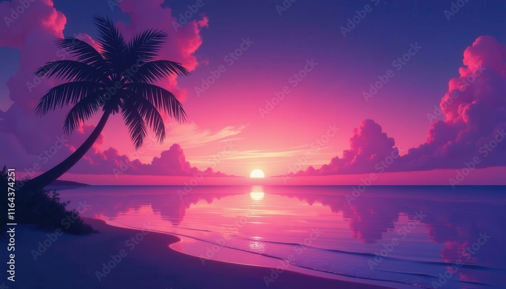 Naklejka premium Vibrant purple and pink sunset over tropical beach with palm tree silhouette, a serene seaside escape concept.