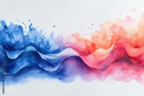 Watercolor illustration of a wavy ocean with shades of blue and red, suitable for use in designs related to nature and travel photo