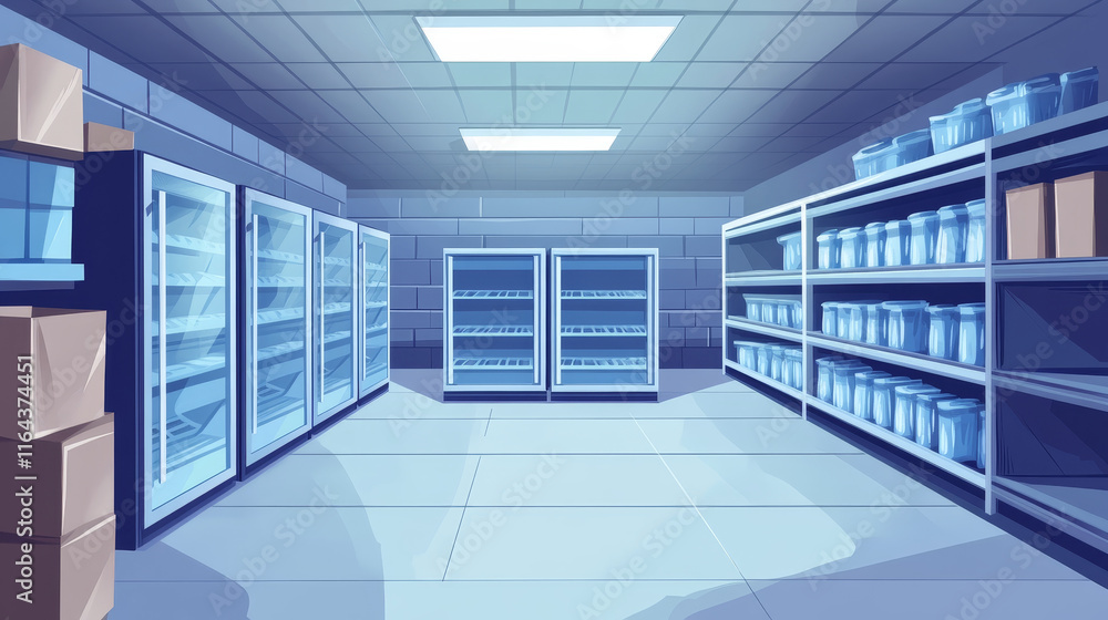 Cold room in warehouse with empty metal racks. Vector cartoon interior of industrial storage freezer with shelves, tiled walls and floor. Refrigerator chamber in factory, store or restaurant Cold room in warehouse with empty metal racks. Vector cartoon interior of industrial storage freezer with shelves, tiled walls and floor. Refrigerator chamber in factory, store or restaurant