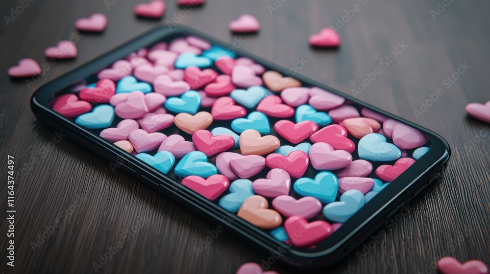 Colorful Heart Shapes on Smartphone Screen with Wooden Background Colorful Heart Shapes on Smartphone Screen with Wooden Background