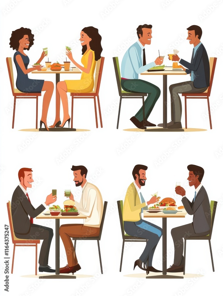Business lunch isolated cartoon vector illustrations set. Smiling diverse colleagues having lunch in cafe, business meeting at restaurant, busy man working at the table, eating out vector cartoon.