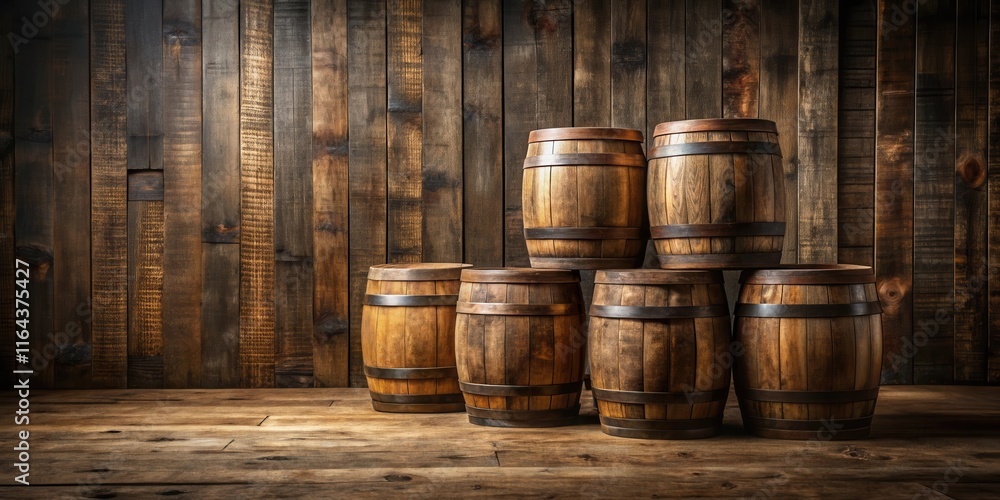 Rustic Wooden Barrels Stacked Against a Weathered Wooden Wall Rustic Wooden Barrels Stacked Against a Weathered Wooden Wall