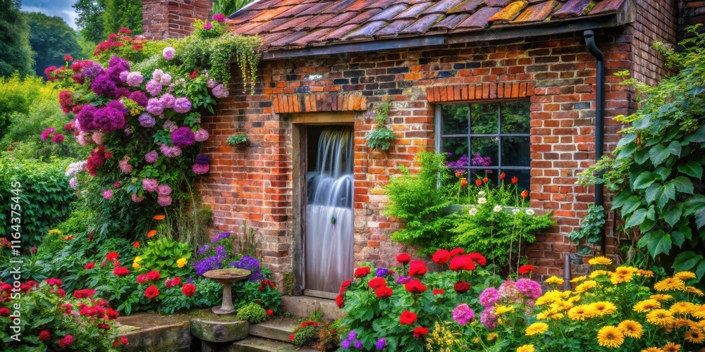 A cascading waterfall flows through the doorway of a charming brick cottage nestled amongst vibrant floral gardens A cascading waterfall flows through the doorway of a charming brick cottage nestled amongst vibrant floral gardens