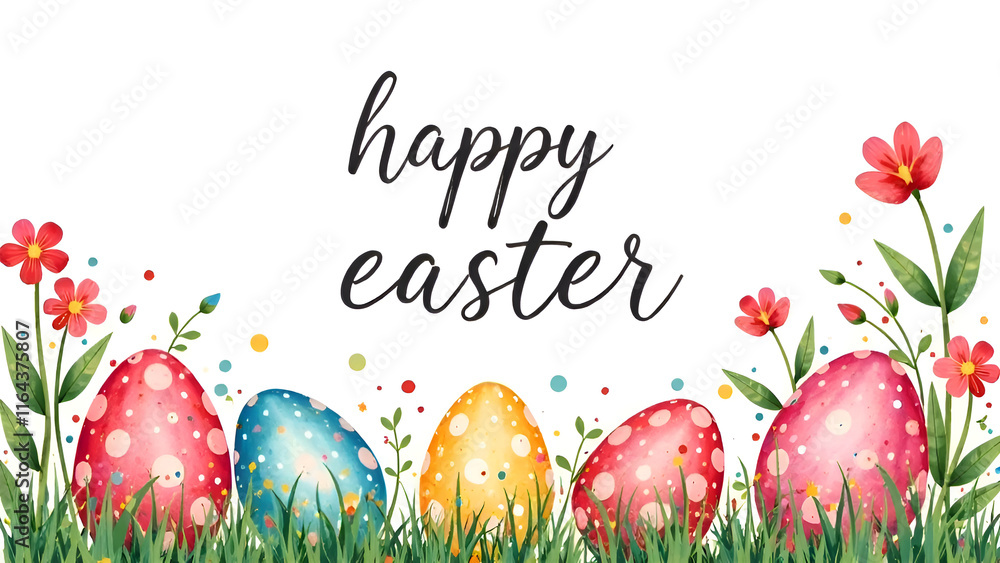 Easter decorations border with white Handwriting thin Letters Happy Easter over Easter background with eggs and flowers