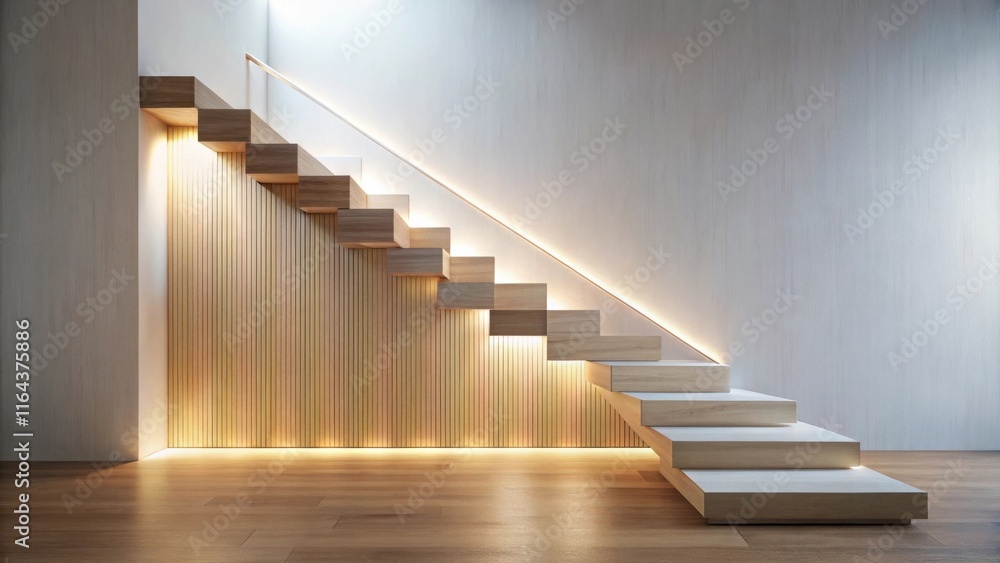 Obraz premium Modern Minimalist Wooden Staircase with Integrated Lighting and Wall Paneling