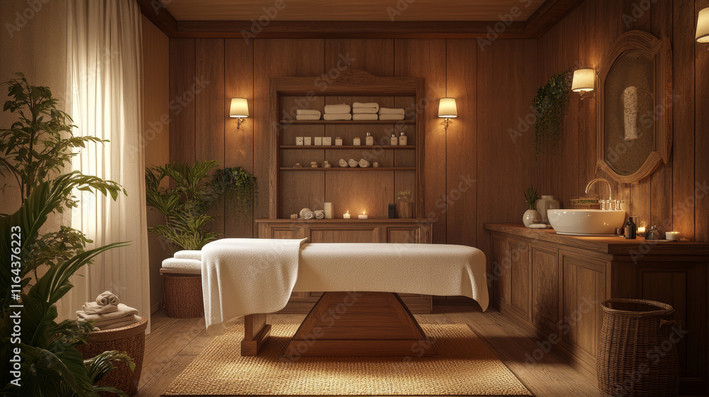 Fototapeta premium Spa salon, massage room equipment for body therapy and relax. Beauty cabinet interior set with modern massage table, tissues, sink, shelf, lamp, flower and pictures, vector cartoon illustration