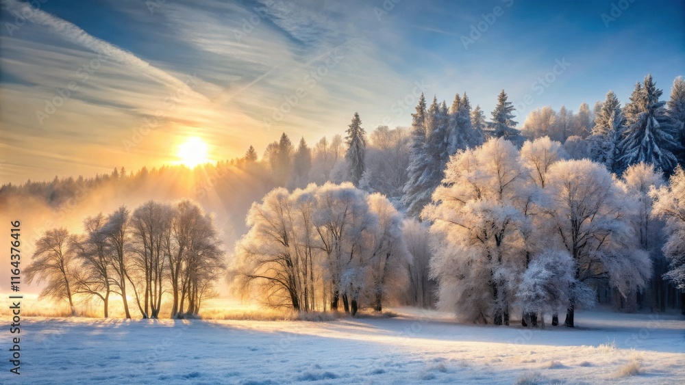 Winter sunrise illuminates a snow covered landscape with frost covered trees Winter sunrise illuminates a snow covered landscape with frost covered trees