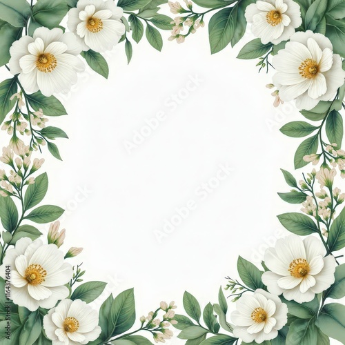 White flowers with green leaves frame a white space