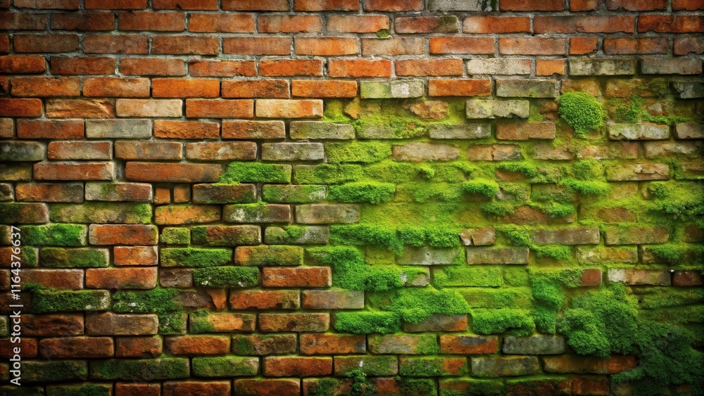 Fototapeta premium Textured Brick Wall with Lush Green Moss Growth