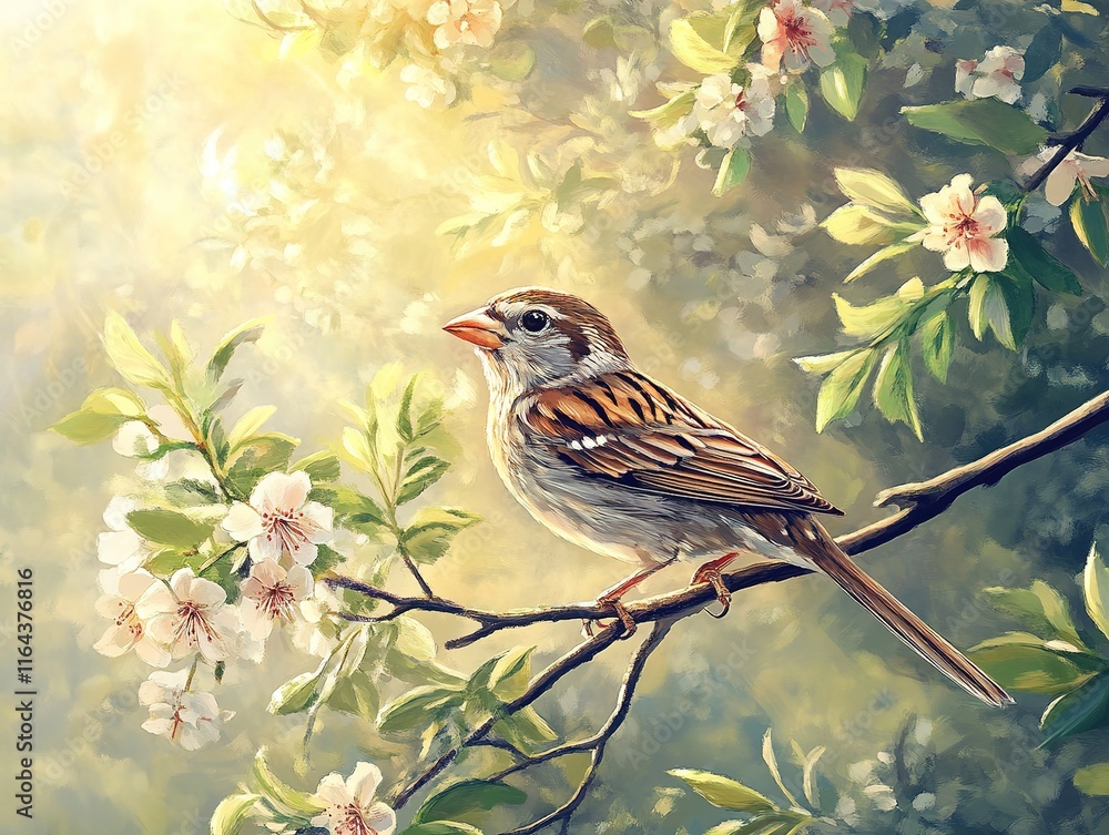 Fototapeta premium A sparrow sits on a tree branch with flowers in spring in sunny weather