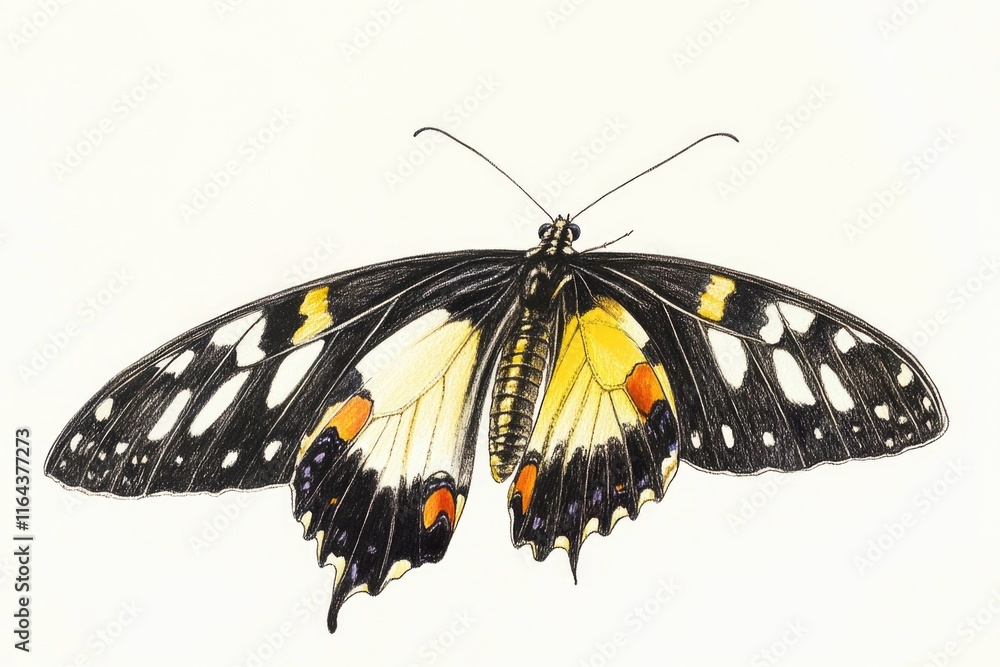 A colorful butterfly on a plain white background, ideal for uses such as design and illustration A colorful butterfly on a plain white background, ideal for uses such as design and illustration