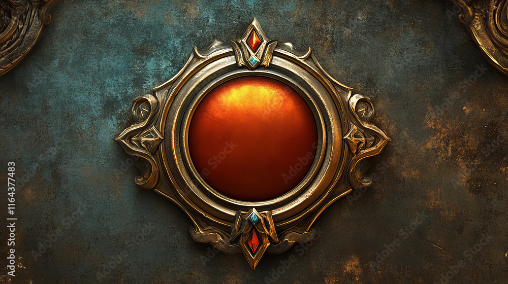 Fototapeta premium Fantasy ui game circle avatar rank level frame. Round interface border button design. Medieval gui badge ring asset kit. Royal achievement emblem award. Wooden circular rpg title progress banner.