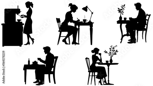 Stylish silhouettes of cafe people
