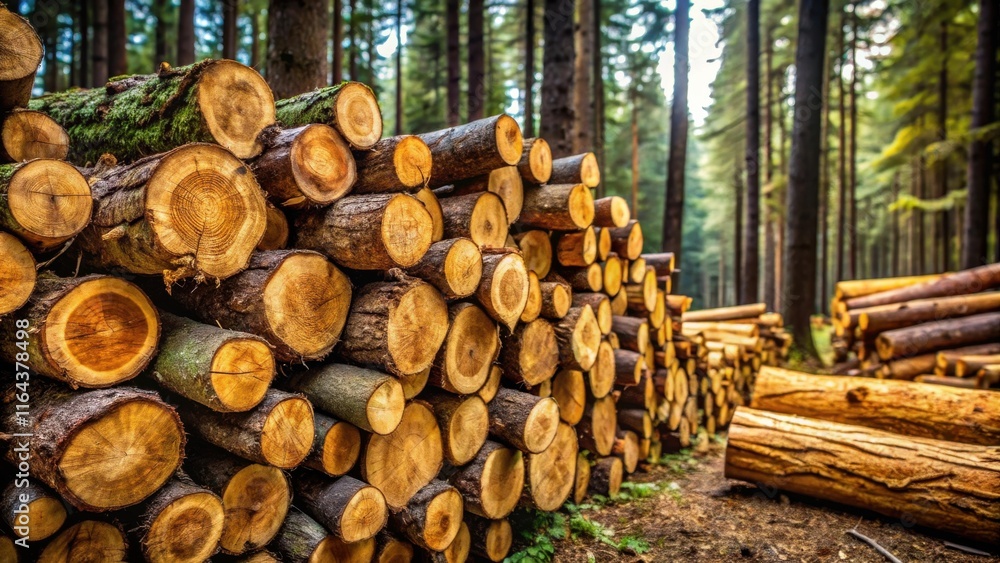 A large stack of freshly cut logs rests in a sun-dappled forest clearing A large stack of freshly cut logs rests in a sun-dappled forest clearing