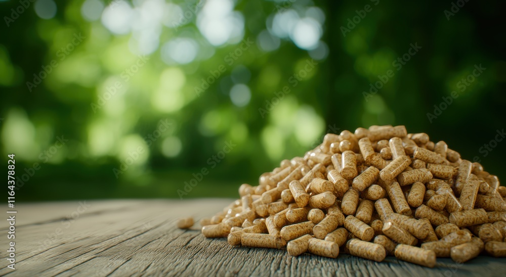 Obraz premium Natural Wood Pellets Pile on Rustic Wooden Table Outdoors