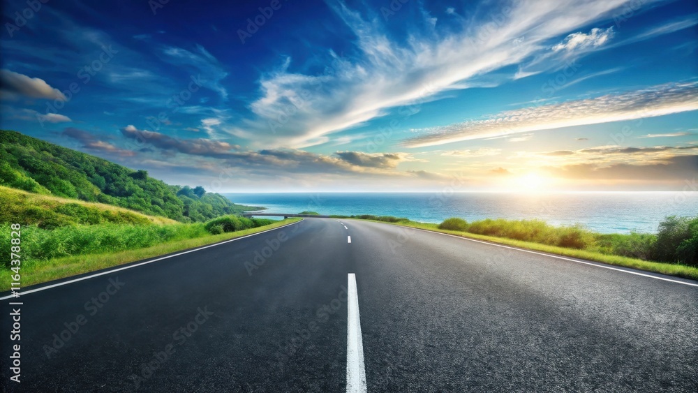 Asphalt road curving along a coastline at sunset, offering a scenic journey towards the ocean horizon