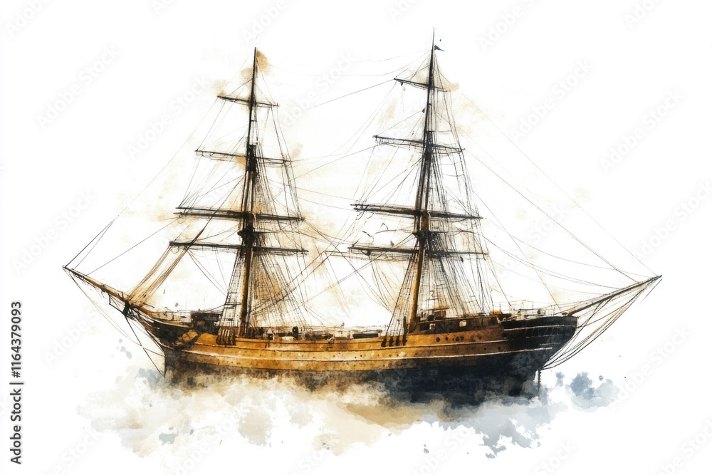 A watercolor illustration of a ship sailing through calm waters A watercolor illustration of a ship sailing through calm waters