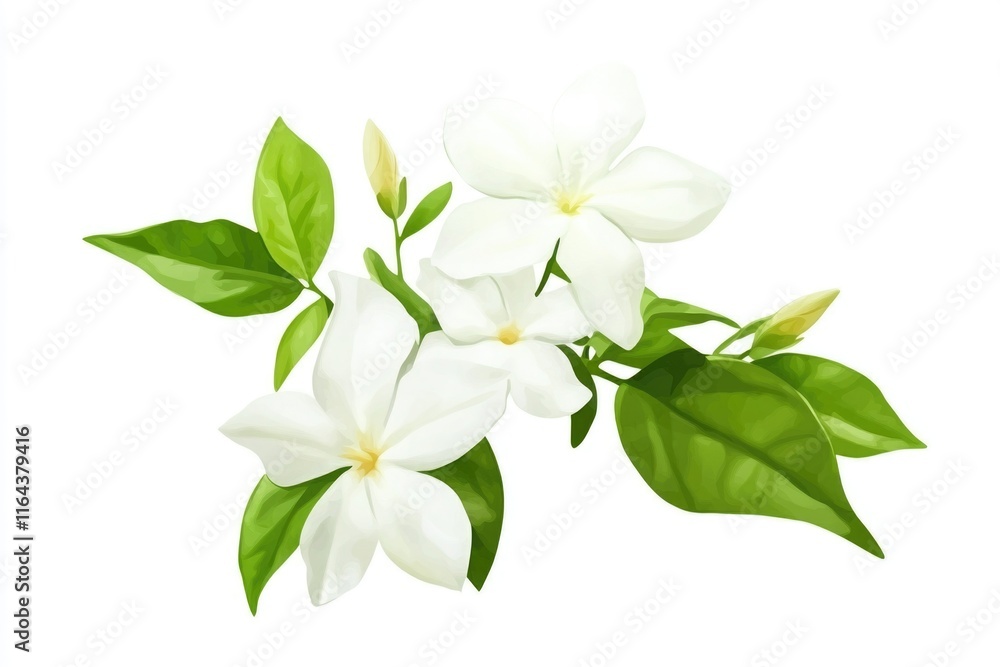 A single white flower with green leaves sits on a plain white background, perfect for use in botanical or minimalist designs A single white flower with green leaves sits on a plain white background, perfect for use in botanical or minimalist designs
