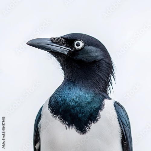 birds on a white background, Magpie close up on a white isolated background photo