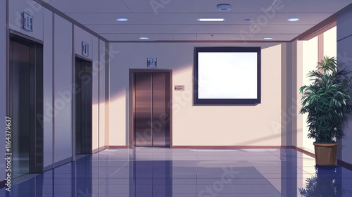 Realistic elevators with close doors and ad poster screen on wall, perspective view mockup. Office or modern hotel hallway, empty lobby interior with lifts and blank display, 3d vector illustration photo