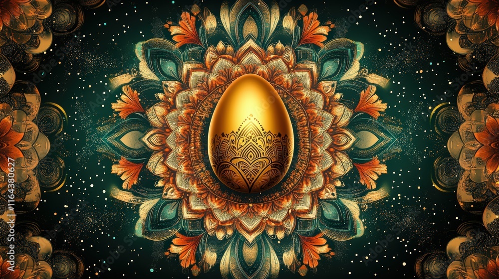 Fototapeta premium Golden Easter egg adorned with floral patterns surrounded by detailed flowers on a black background