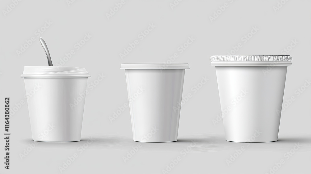 White yogurt cup and bottle mockup. Realistic 3d vector illustration set of plastic package and container for dairy products with lid and foil top. Blank template of milky goods pot packaging. White yogurt cup and bottle mockup. Realistic 3d vector illustration set of plastic package and container for dairy products with lid and foil top. Blank template of milky goods pot packaging.