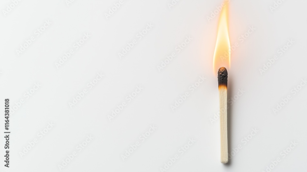 Single glowing matchstick burning with a small flame on a white surface during evening hours Single glowing matchstick burning with a small flame on a white surface during evening hours