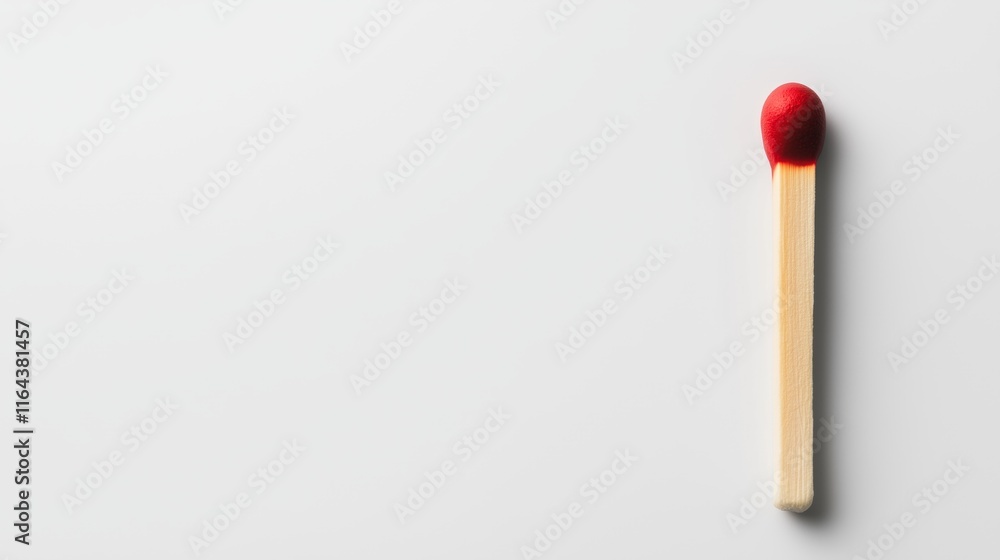 Single safety matchstick with a bright red tip isolated on a light background Single safety matchstick with a bright red tip isolated on a light background