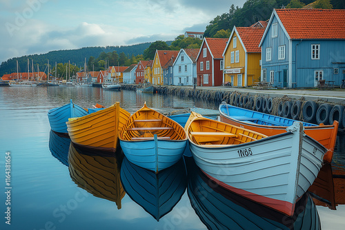 Photo réaliste professionnelle d’un port de pêche paisible le matin, avec des bateaux colorés reposant sur des eaux calmes et de petites maisons de bord de mer en arrière-plan photo