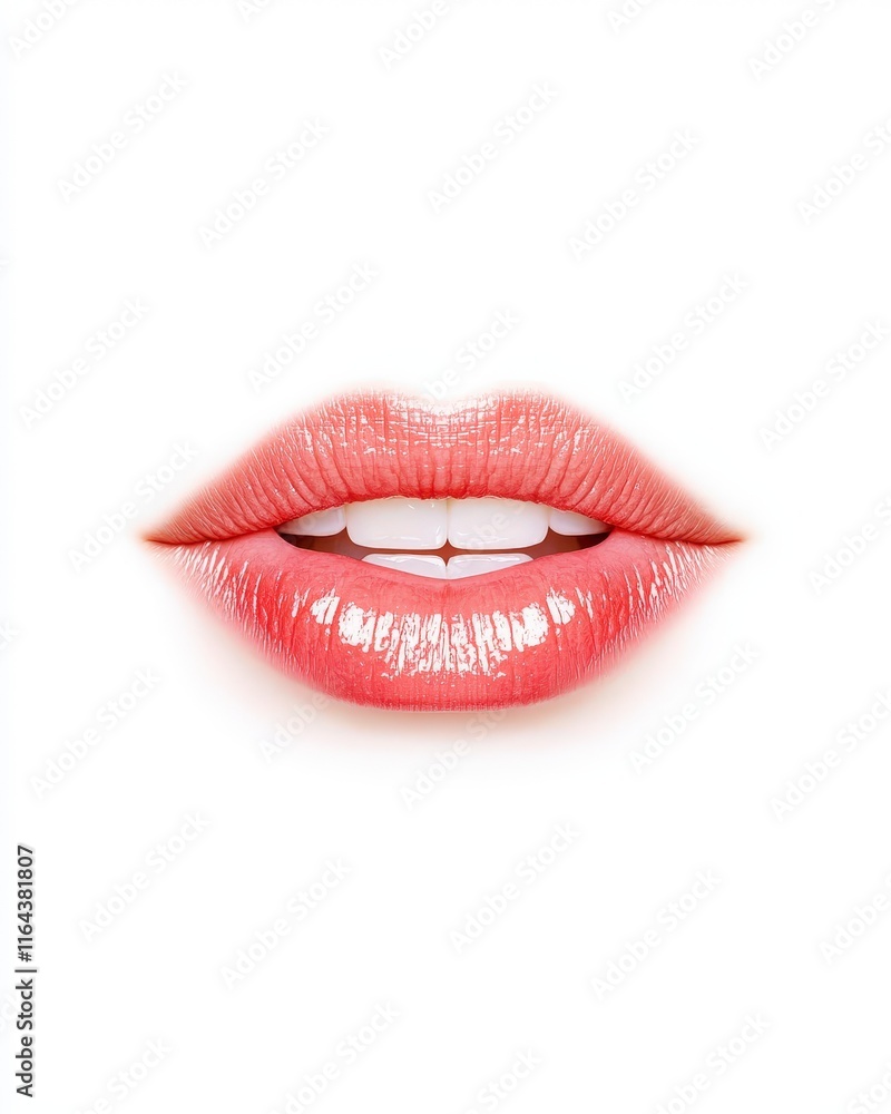 Obraz premium Close-up of luscious, glossy lips with a natural pink tint, showcasing beauty and elegance against a plain background.