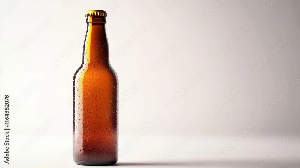 A brown glass bottle placed against a light backdrop shows condensation on its surface. The ample copy space allows for branding or design elements, making it versatile for various uses A brown glass bottle placed against a light backdrop shows condensation on its surface. The ample copy space allows for branding or design elements, making it versatile for various uses