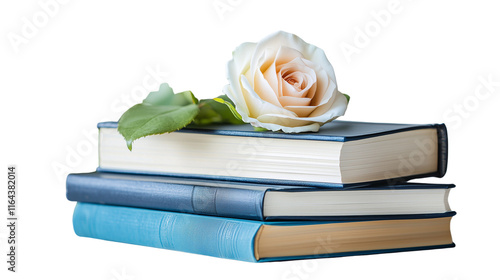 A stack of poetry books, a rose on top of the books, a rose on top of a stack of poetry books, a poetry book, a rose, a stack of books, a red rose, a rose touching the pa, on a transparent backgrounds photo