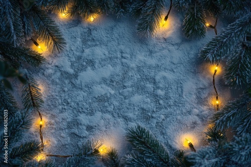 Decorative Christmas wreath made from pine branches and lights, great for seasonal displays or holiday decorations photo