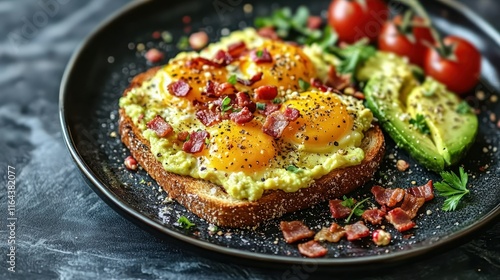 Avocado toast with fried eggs and bacon. photo