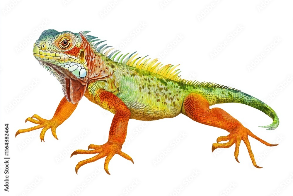 Obraz premium A small lizard with vibrant green and orange scales sits on a plain white surface