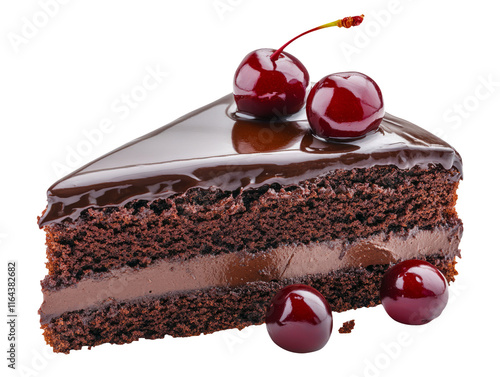 Realistic Chocolate Cake Slice with Cherry on Top Isolated Image photo