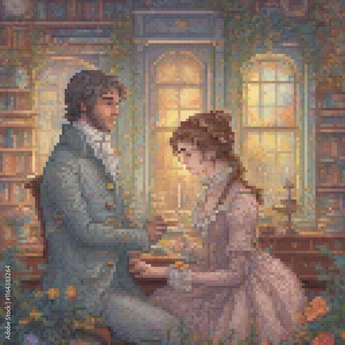 Pixel art cross stitch pattern featuring a couple at a table
