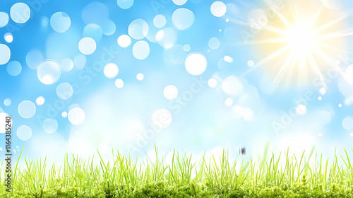 Spring sprouts with dew drops on the leaves, macro photography of green grass and moss in spring nature