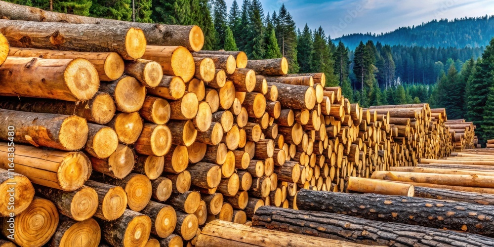 A massive stack of neatly arranged timber logs against a backdrop of a lush evergreen forest A massive stack of neatly arranged timber logs against a backdrop of a lush evergreen forest