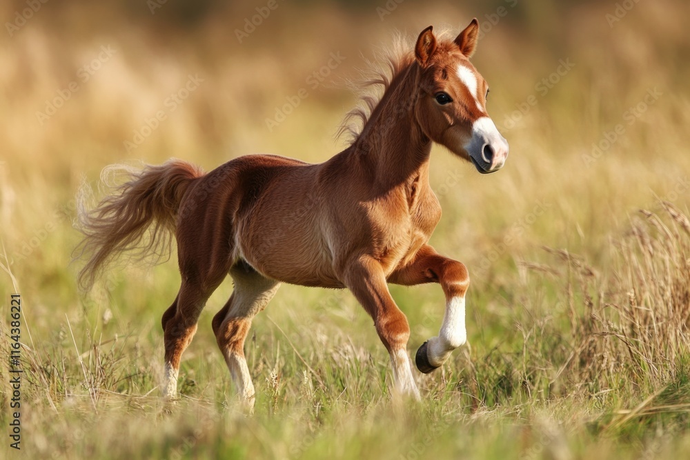 A small, spirited pony joyfully runs across an open grassy field, showcasing its energetic stance and captivating presence amidst a natural, sun-dappled landscape. A small, spirited pony joyfully runs across an open grassy field, showcasing its energetic stance and captivating presence amidst a natural, sun-dappled landscape.
