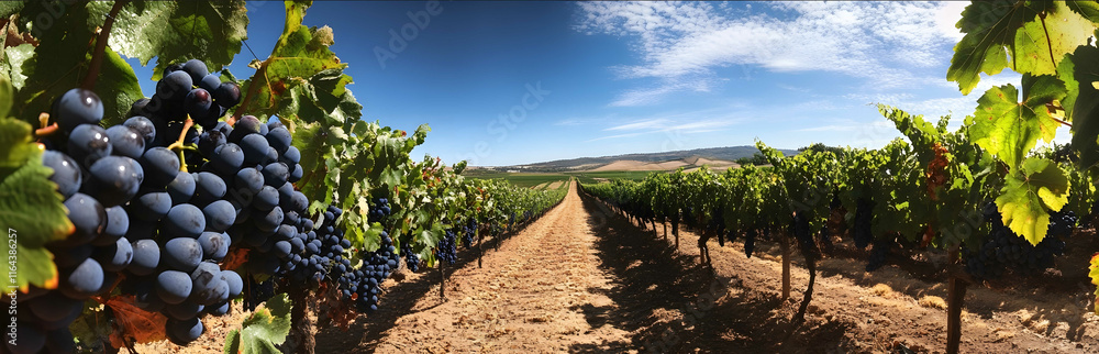 wideangle photograph of a vineyard grapes visible wideangle photograph of a vineyard grapes visible