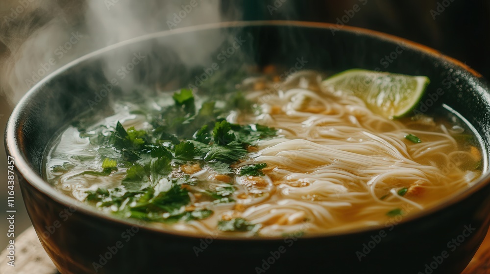Delicious bowl of steaming noodle soup with herbs and lime served in a rustic kitchen Delicious bowl of steaming noodle soup with herbs and lime served in a rustic kitchen