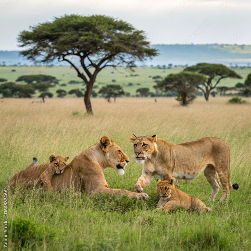 Fototapeta premium lioness and lion cub