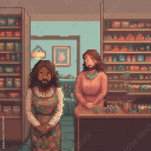 Pixel art of a couple shopping at a store counter