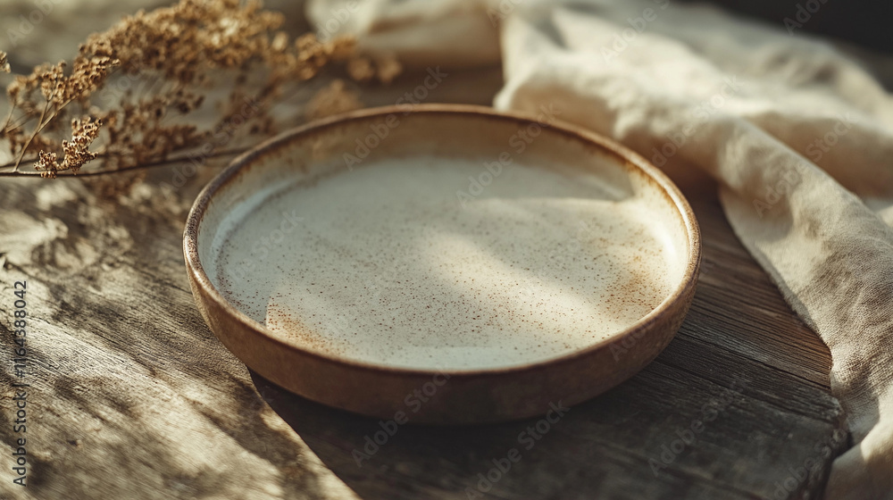 Rustic Ceramic Plate with Speckled Finish on Wooden Table Rustic Ceramic Plate with Speckled Finish on Wooden Table