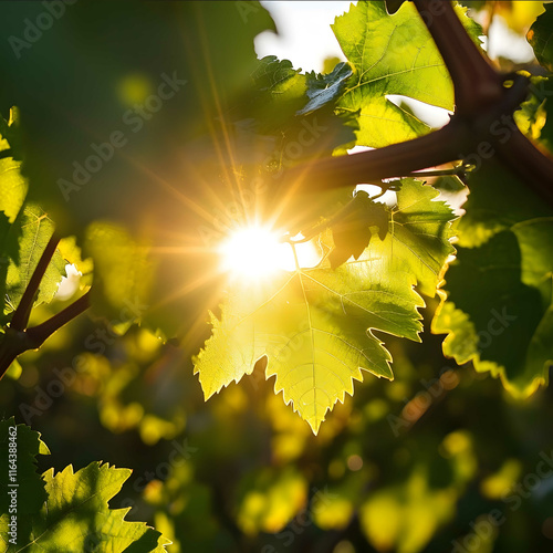 A close up of the sun filtering through the lush green leaves of a vineyard with the rays of light dancing and flickering as the leaves sway gently in the breeze The s photo